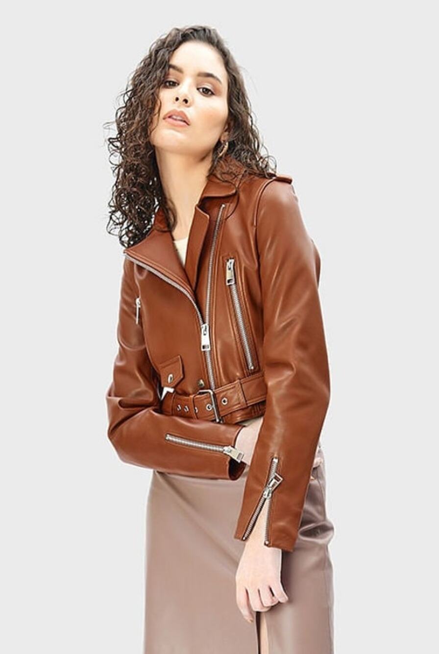 LTH JKT Mya Cropped Belted Leather Moto Jacket in Cognac Brown, Size XS